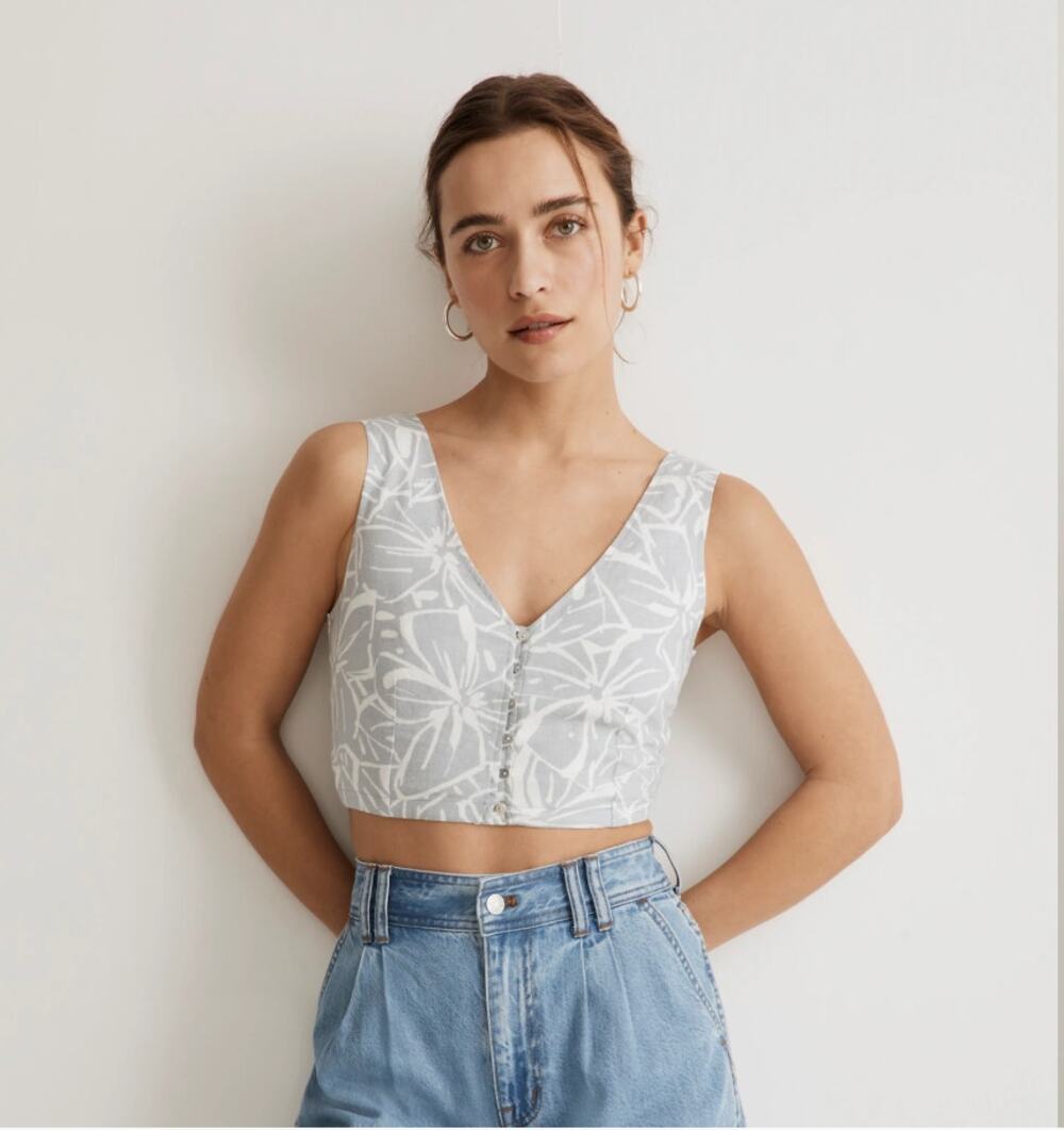MADEWELL NWT Linen-Blend Gwen Crop Vest Top in Abstract Flora NJ658 // 10